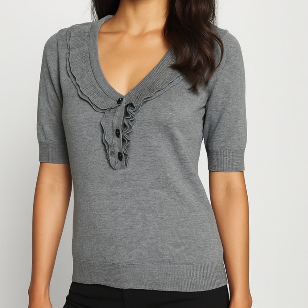 Banana Republic Knit Top Ruffle Button Scoop Neck Gray Pima Cotton Wool Small